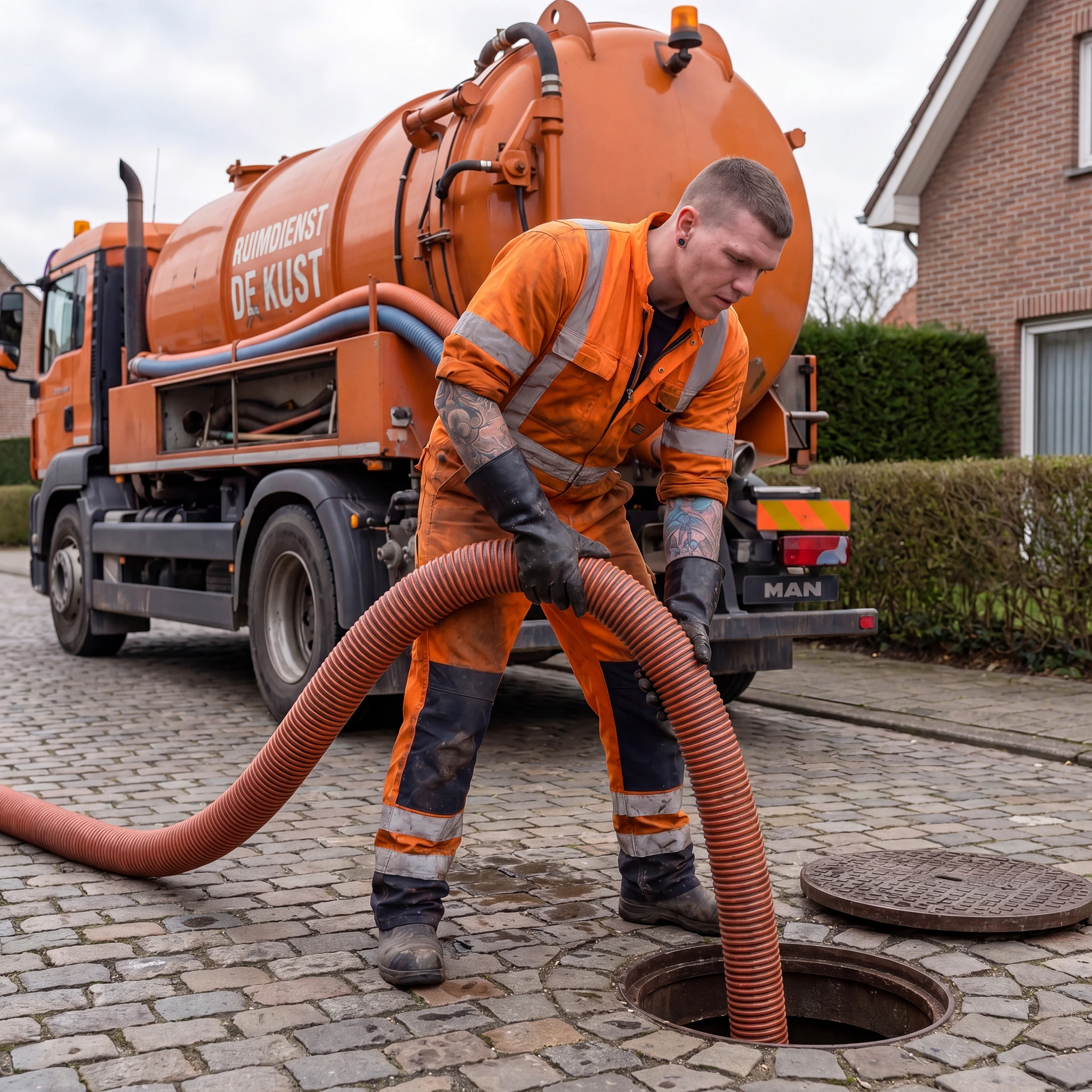 Medewerker van Ruimdienst De Kust aan het werk bij een rioolputje