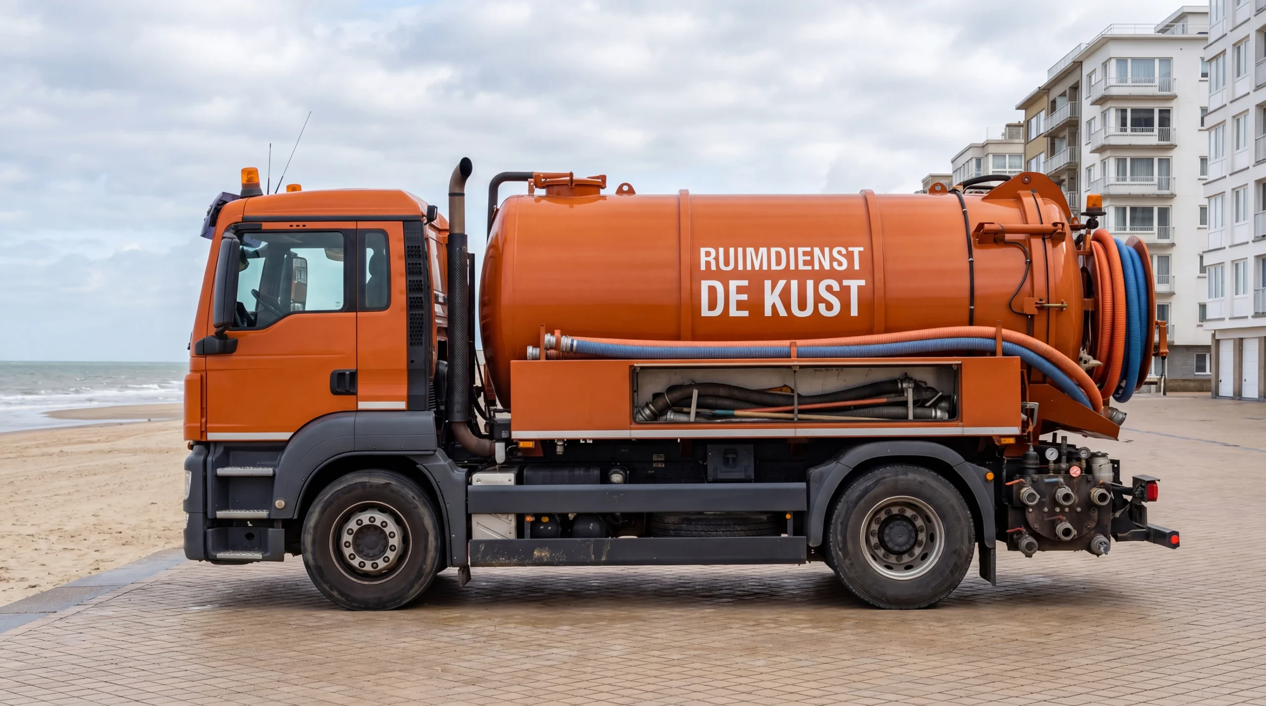 Vrachtwagen van Ruimdienst De Kust onderweg aan de Vlaamse kust